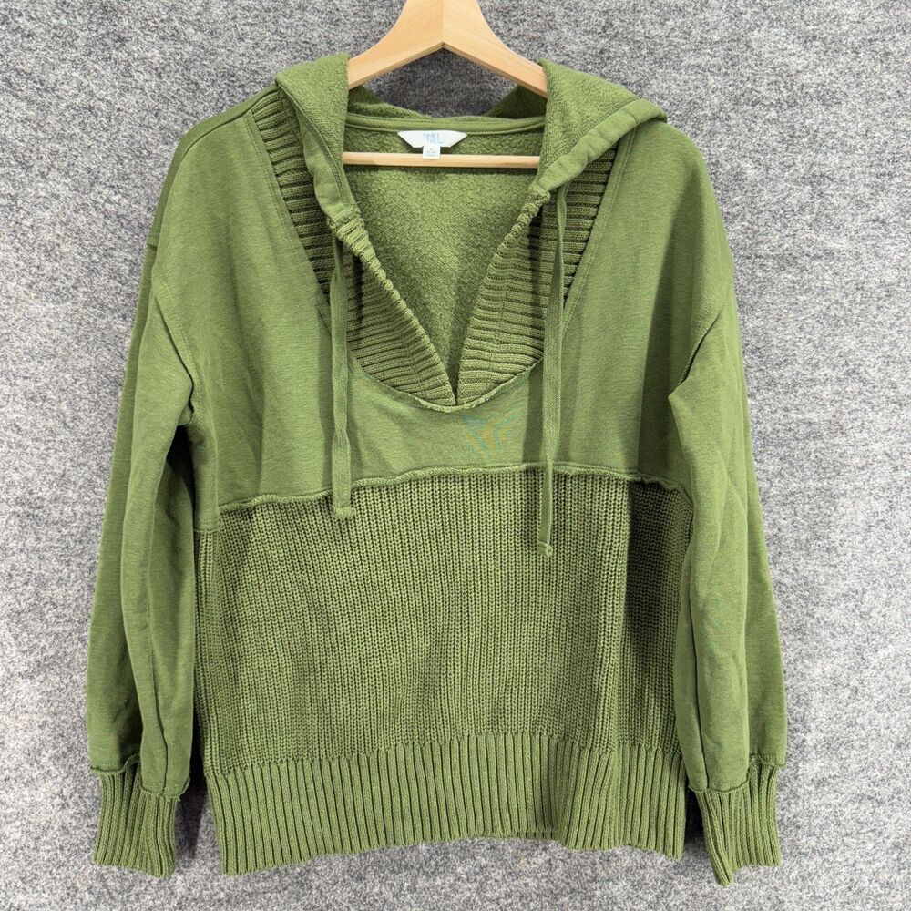 Time And Tru Sweater Pullover Women S Small Green Knit V-Neck Long Sleeve Hooded